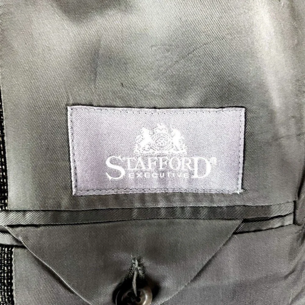 Stafford Executive Wool Silk 3 Button Sport Coat 42R‎ Black White Check